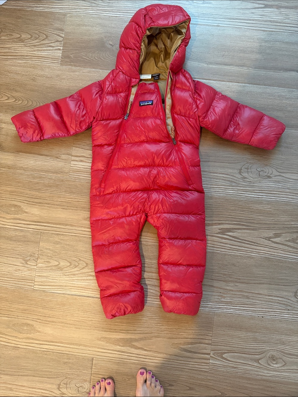 Patagonia Red Hooded Infant Down Bunting with Contrasting Tan Lining